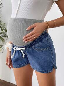 SHEIN Pregnant Women Grey Knitted Belly Support & Blue Denim Loose Shorts,Blue,Suitable For Parties, Holidays, Dates, Valentine's Day, Afternoon Tea, Summer / Summer Outfits / Summer Clothes,Year-Round,For Spring/Summer Holiday,Suitable For Summer,Blue Summer,Vacation Outfits Woman,Easter,Spring,Western,Office Outfits For Women,Rave Outfits,Baby Shower ,Cottagecore,Country Outfits Women, Chic, For Women Elegant,Beach ,Graduation ,Vacation ,Easter ,Sun,Mother Day/Mom/Mother/ Mommy/Mother's Day/Mama/Mum/Mother's Day Gift - Blue - View 3