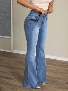 SHEIN SXY Casual Cute Printed Women's Flare Denim Jeans - Blue - View 6