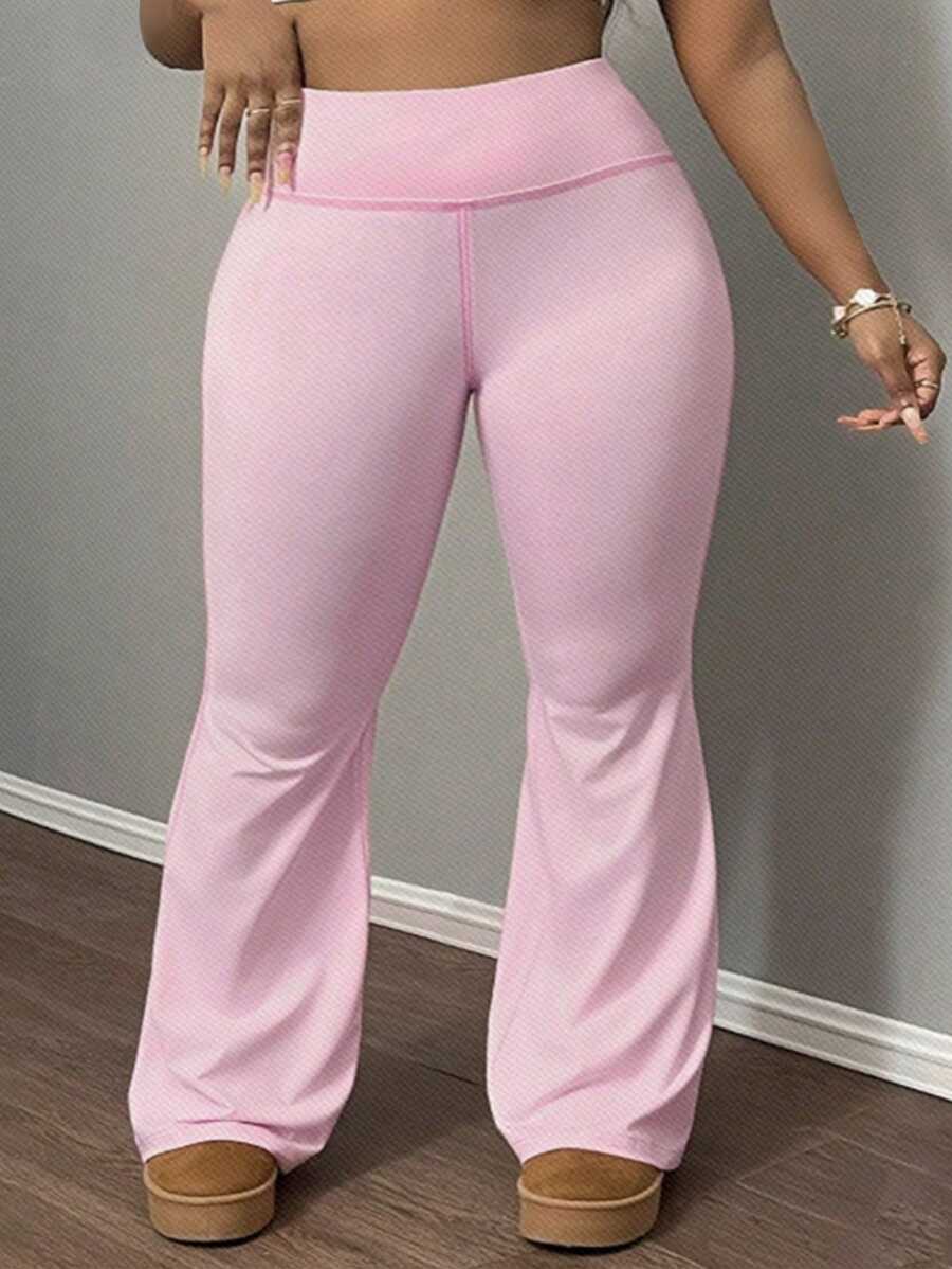 Slaydiva 大码女式高腰松紧腰瑜伽裤，塑身健身紧身裤 - 粉色 - 查看 1