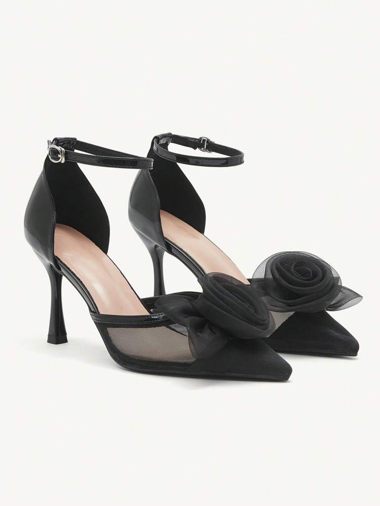 CUCCOO CHICEST Tacones altos con puntera puntiaguda negros de malla con decoración floral, zapatos de tacón de fiesta de moda para mujer