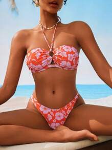 SHEIN Swim 3pcs/Set Women Hawaii Summer Beach Vacation Floral Print