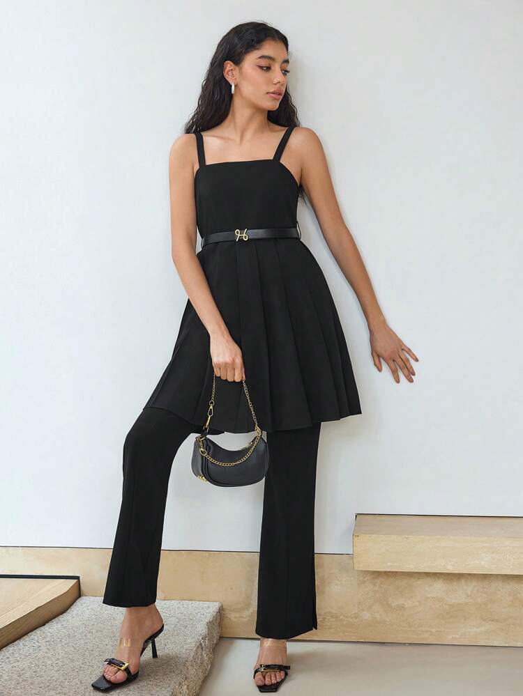 MOTF STUDIO PLEATED BELTED SHORT CAMI DRESS