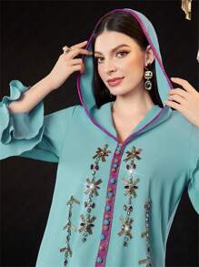 Al Najma Abito con cappuccio con maniche a sbuffo e decorazioni di strass in stile arabo per donne