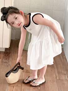 Dazy Kids 年轻女孩字母印花下摆圆领无袖休闲连衣裙，返校服 - 白色 - 查看 4