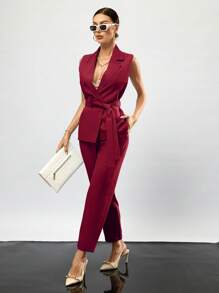 Aveloria Modichic Lapel Neck Belted Vest Blazer & Pants  - Red - View 1
