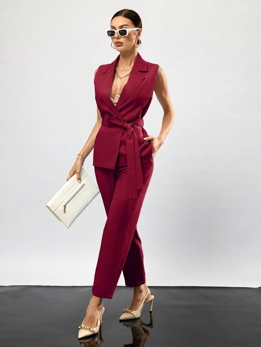 Aveloria Modichic Lapel Neck Belted Vest Blazer & Pants - Red - View 1