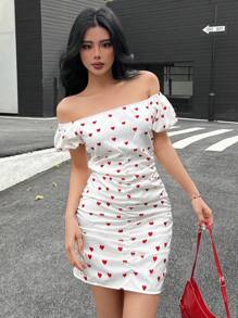 SHEIN Teen Girls Off Shoulder Heart Ruched Waist Puff Sleeve Dress, Suitable For Teen Girls, Casual, Office, Party Wear, Summer Valentine's Day