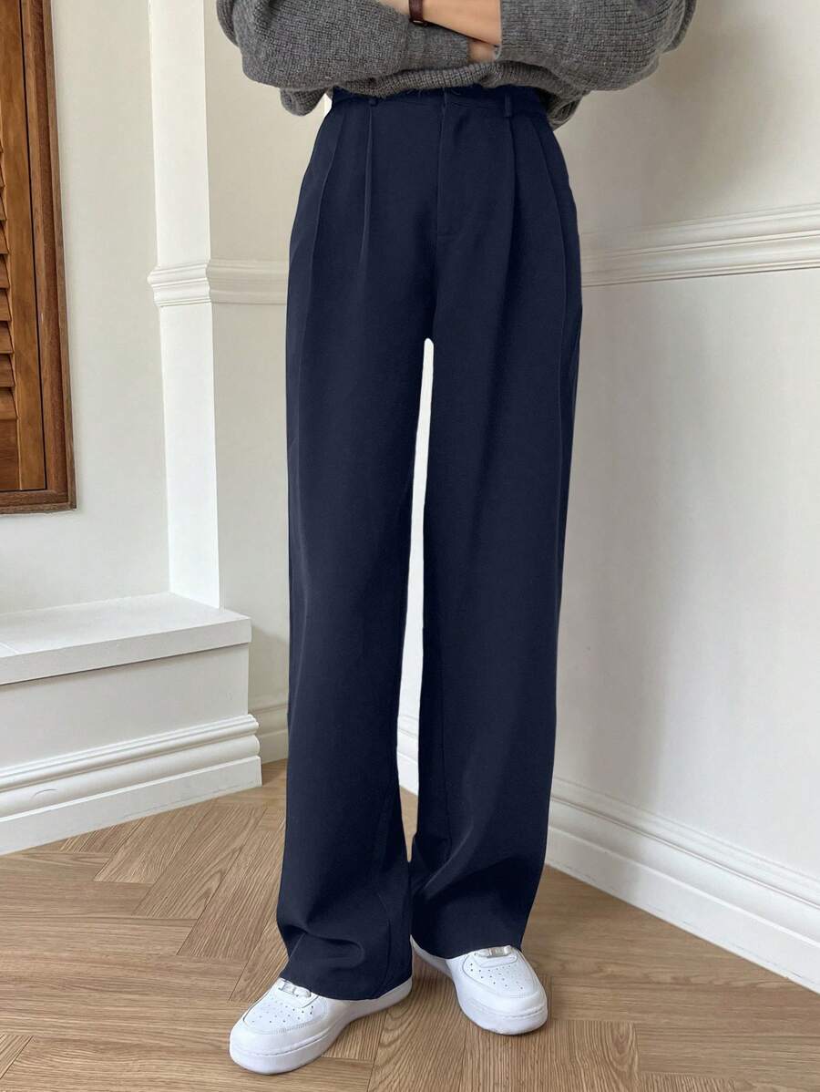 DAZY 女式直筒褶皱商务休闲正装裤 - 藏蓝色 - 查看 1