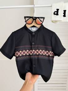 SHEIN 1 件装年轻男孩休闲花卉印花亚麻舒适短袖立领衬衫，适合外出、节日、学校、居家、春夏