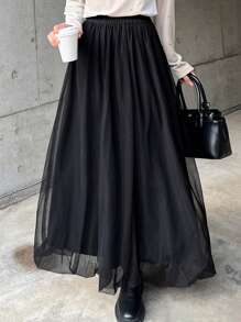 FRIFUL Women's Black Mesh Tulle Pouf Maxi Skirt, Elegant Bubble Skirt For Spring/Summer