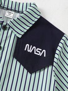 SHEIN Young Boy Striped Woven Patchwork Dark Blue Shirt