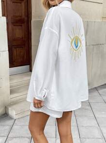 2pcs Women's Casual & Resort Eye Pattern Shirt & Shorts Set