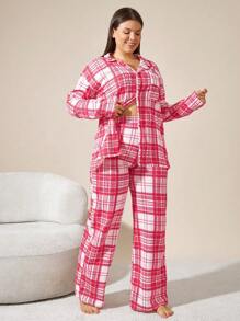 SHEIN Cottnline طقم بيجاما قياس كبير من القطن مخطط بنمط أزرار أمامية 2 قطعة - ابيض واحمر - مشاهدة 7