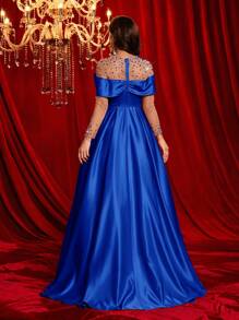 Glamrae 优雅透明网眼水钻串珠长袖褶饰超大喇叭下摆礼服，婚礼宾客礼服，适合约会、婚礼、活动、正式晚会、派对礼服、晚礼服、长袍 - 寶藍色 - 查看 3