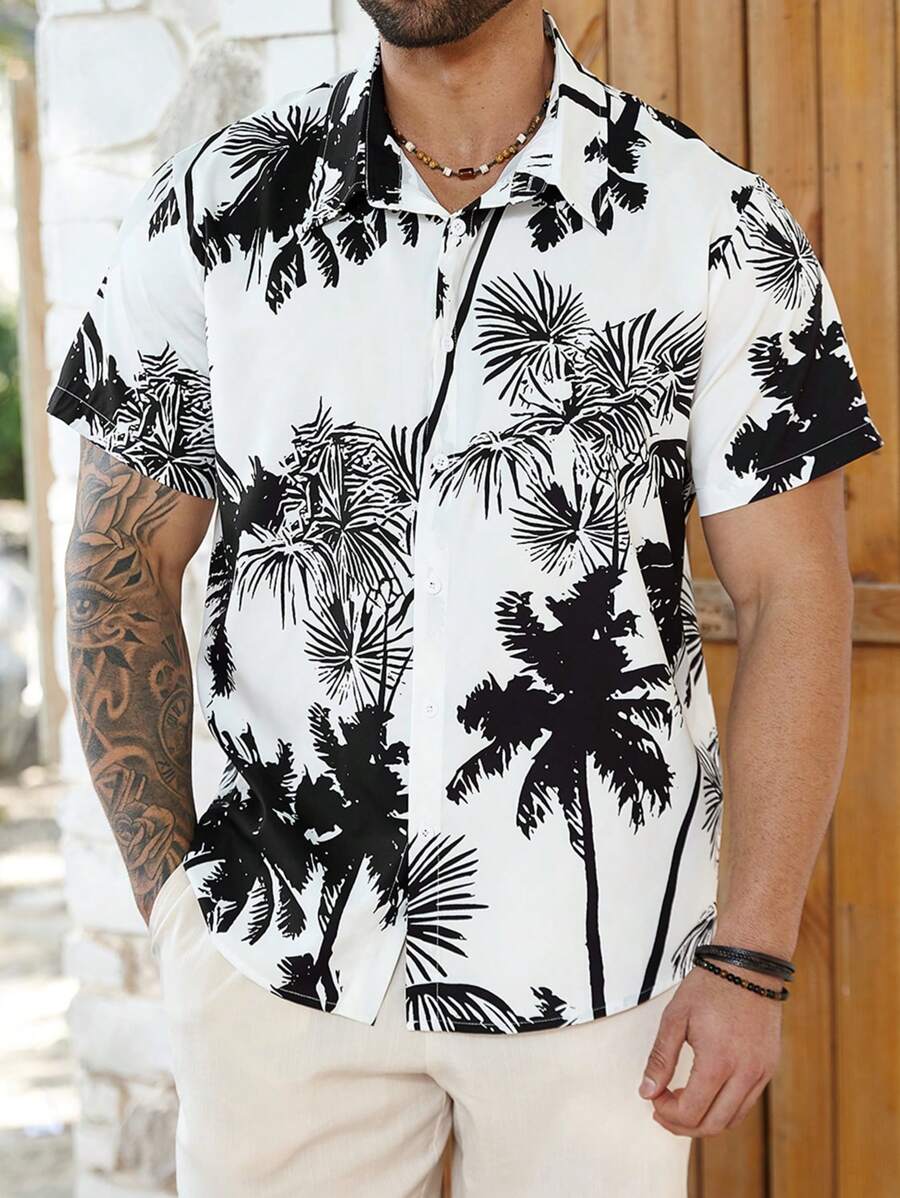 Manfinity RSRT Plus Size Men's Single-Breasted Coconut Tree Hawaiian Print Short Sleeve Shirt - Black - View 1