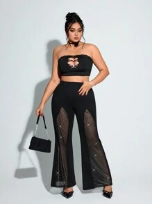 SHEIN ICON Pantalón acampanado de talla grande para mujer con cintura alta, parches y lentejuelas para fiesta