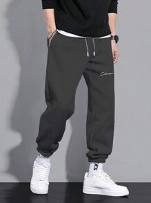 SHEIN Cottnline 男式字母印花抽绳腰部休闲运动裤，带卷边下摆 - 深灰色 - 查看 4