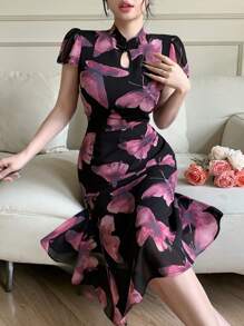DAZY Chinese Style Floral Print Stand Collar Mid-Long Dress For Women, Festival/Valentine's Day Prom Dress Elegant Women Dresses - Pink - View 10