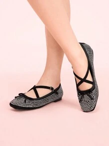CUCCOO DOLLMOD Modische schwarze Ballerinas mit vollständiger Kristallverzierung, süß und niedlich für Schüler - Schwarz - Übersicht 4