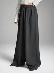 LYSMO Women's Loose Fit Plaid Print Drawstring Waist Wide Leg Pants - Black - View 3