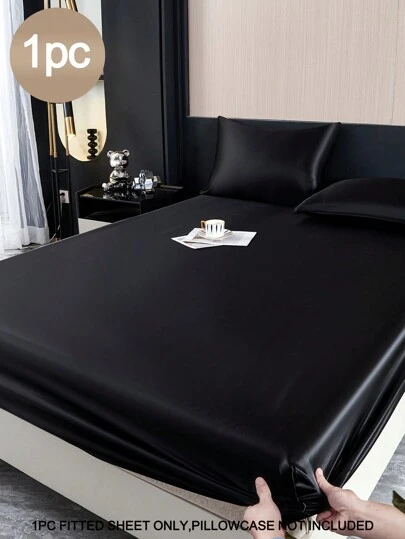 1pc Solid Black Satin-Like Silky Fitted Sheet, Includes 1 Fitted Sheet, Valentine's Day Mattress Cover, Modern Soft Bedding Set, Fits Twin, Full, Queen, King Size Beds, Deep Pocket Design Up To 11.8 Inches, Breathable & Wrinkle-Resistant, Machine Washable