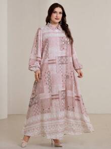 Graceveil Plus Size Elegant Geometric Print Lantern Sleeve Dress Modest - Multicolor - View 2