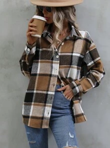 SHEIN LUNE Camisa de manga larga con cuello a cuadros en color caqui, casual y para uso diario