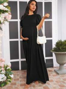 Loomaby Vestido de maternidad de manga corta, unicolor, casual y elegante para el uso diario - Negro - Ver 3