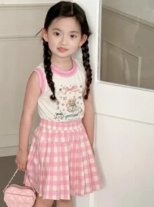 Dazy Kids Cartoon Pattern Print Tank Top And Mini Skirt 2 Pieces Set For Young Girls,Girls Summer Outfits - Pink - View 5