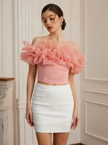 Chiquease Áo crop top hở vai Organza lãng mạn dành cho nữ, vải dệt kim, phù hợp cho mùa xuân/hè ngày lễ tình nhân - Hồng - Xem 5