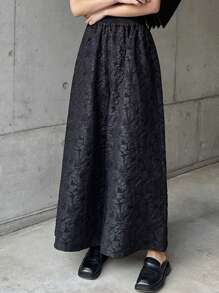 FRIFUL Rok Celana Panjang Wanita Model Lebar, Kain Jacquard Bertekstur, Gaya Vintage Elegan, Musim Semi - Hitam - View 3