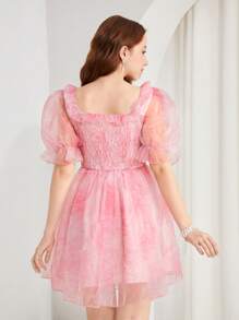 SHEIN Teen Girl Pink Square Neckline Rose Floral Print Puff Sleeve Organza Princess Dress - Pink - View 2