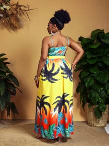 Slaydiva Spring And Summer New Style Holiday Sling Front Chest Strap Hollow A-Hem Long Skirt With Tropical Print Pattern All-Over Printing Yellow Women's Plus Long Dress-A