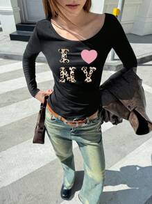 SHEIN EZwear Camiseta casual de mujer de cuello redondo, manga larga, con estampado de letras - Negro - Ver 1