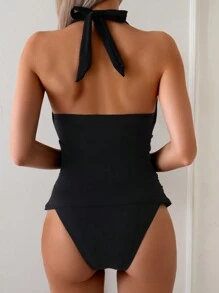 SHEIN Swim Summer Women's Casual Cowl-Neck Criss Cross Spaghetti Strap Tie Cami & Tankini Set, Beach Vacation