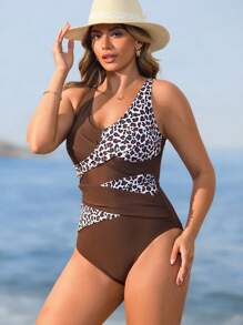 Swim Lushoire Baju Renang Terusan Wanita Kasual Musim Panas Elegan Seksi dengan Tali Lebar, Warna Polos, Dipadukan dengan Motif Leopard Acak & Jala - MultiWarna - View 3