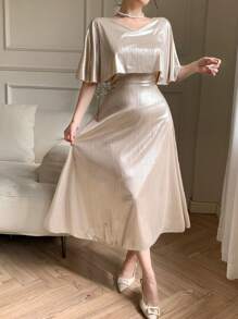 DAZY Elegant Solid Color V-Neck Mid-Length Dress For Wedding Guests, Summer Elegant Sundress,Formal Women Dresses - Apricot - View 7