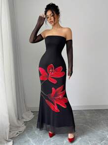 Elenzga Trägerloses figurbetont Fischschwanz-Saum französischer Stil Blumen elegantes Doppellagen Tüllkleid - Schwarz - Übersicht 4