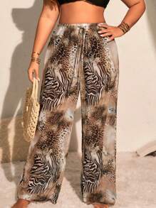 Swim Lushoire Plus Size Holiday Beac Animal Print Coverup Top And Long Pants Set