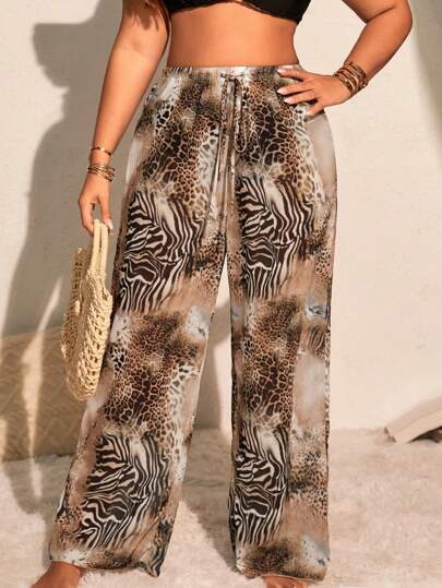Swim Lushoire Plus Size Holiday Beac Animal Print Coverup Top And Long Pants Set For Summer Beach Vacation