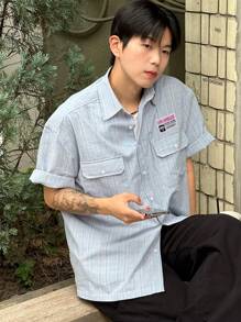 DAZY Men's Blue & White Striped Label Short Sleeve Shirt, Summer