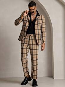 Mainfolk 2pcs Men Casual Woven Long Sleeve Jacket And Elastic Waist Straight Pants Set - Khaki - View 4
