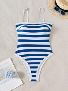 Swim Vcay Summer Blue & White Striped Detachable Spaghetti Strap High Cut One-Piece Casual Swimsuit - Blue and White - View 7