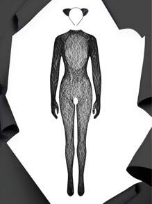 女士内衣服装 - 性感魅力，野猫网眼豹纹印花 - 黑色 - 查看 1