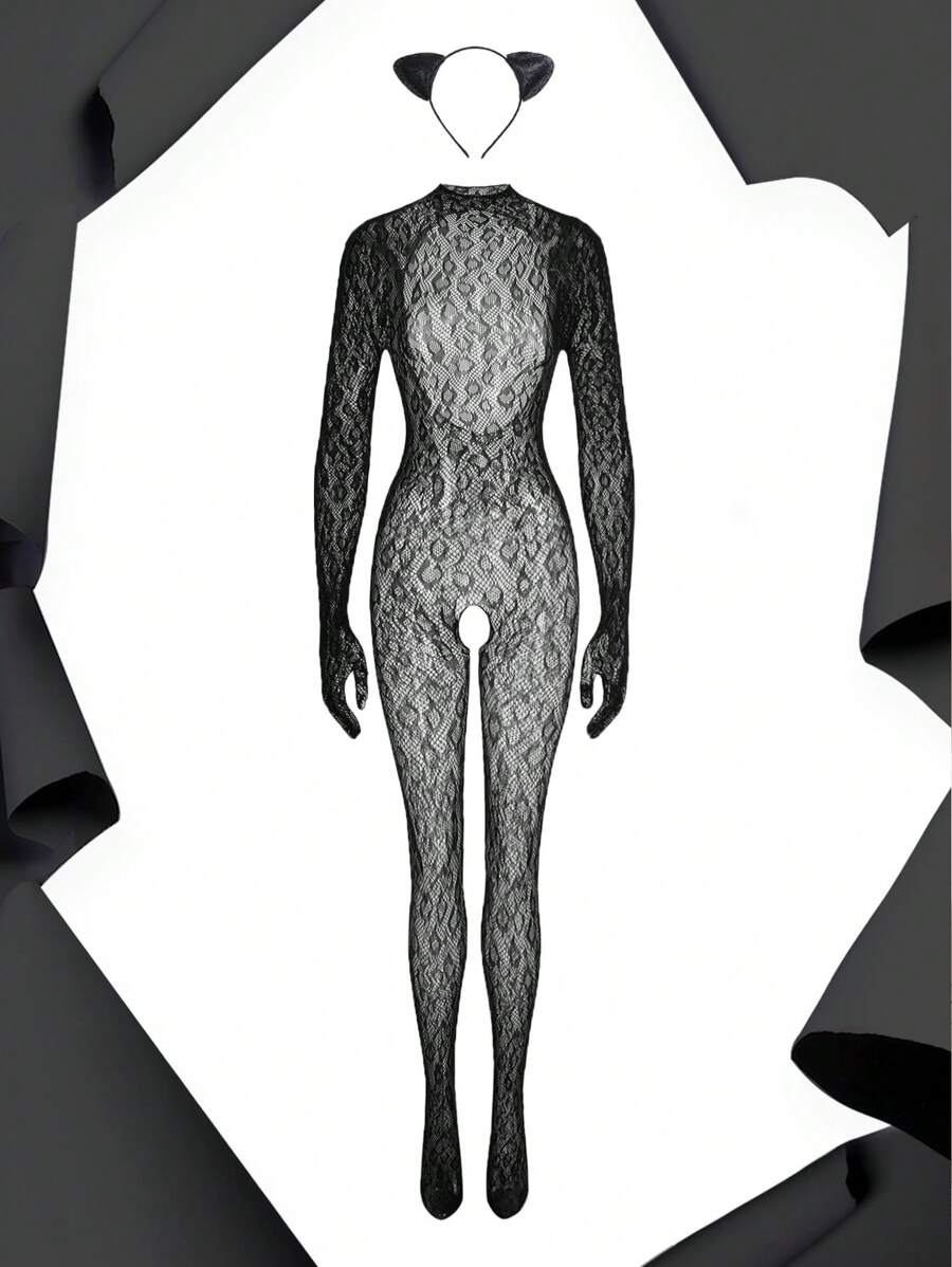 女士内衣服装 - 性感魅力，野猫网眼豹纹印花 - 黑色 - 查看 1