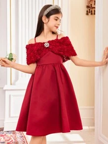 SHEIN Gaun Jacquard Off Shoulder Fit-And-Flare Elegan dengan Hiasan Pita untuk Anak Perempuan Remaja, Cocok untuk Pernikahan dan Pesta - Burgundy - View 2