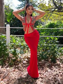 SHEIN SXY 女士豹纹樱桃印花蕾丝拼接镂空性感T恤，度假风，夏季女装，沙滩装，外出上衣，Y2K风格，外出上衣 - 彩色 - 查看 4
