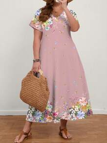 EMERY ROSE Đầm tay ngắn cổ chữ V tối giản thường ngày cỡ lớn cho nữ, phù hợp cho mùa hè - Nhiều màu - Xem 5