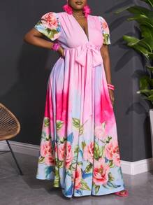 Slaydiva Plus Size Women's V-Neck Twist Knot Puff Sleeve Tie Belt Floral Print A-Line Dress, Vacation & Romantic & Formal & Elegant, Spring/Summer,Beach Dress Sundress,Holiday Outfits Boho - Multicolor - View 6