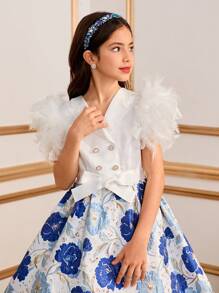 Tween Girls' Floral Jacquard Patchwork Fluffy Double-Breasted Dress - Blue - View 3